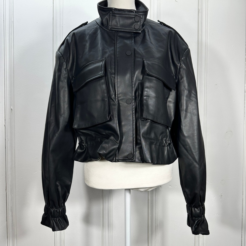Azalea Wang Faux Leather Jacket Womens Large Black Excellent Cropped Utility